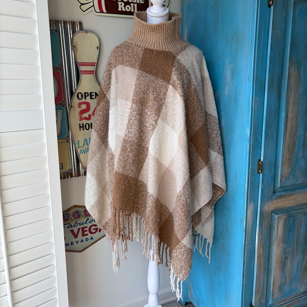 Lucky Belle Brown Plaid Turtle Neck Fringe Trim Poncho Sweater ONE SIZE